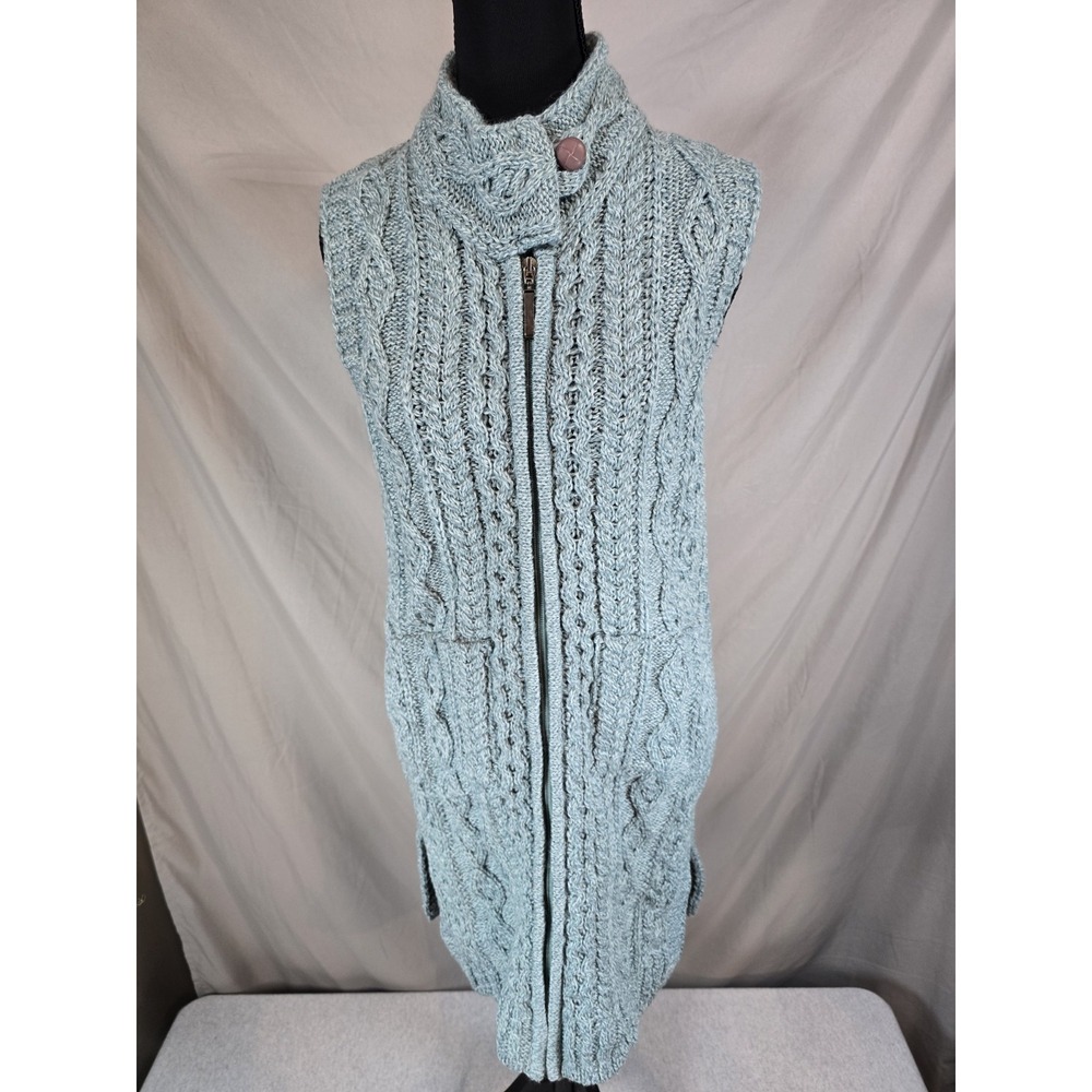 Aran Craft Blue Merino Wool Double Breasted Button Front Vest Cable Sweater New